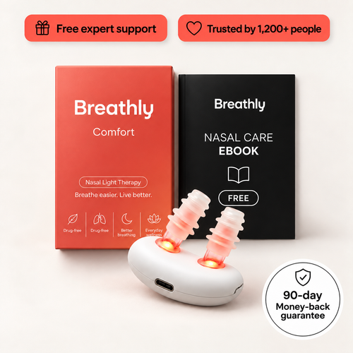 Breathly Comfort device with packaging and free nasal care ebook.